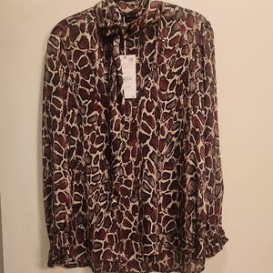 NWT Zara Animal Print Blouse V Neck With Tie At Neck Sizr Small